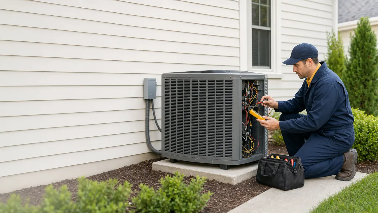 Climate Control Master technician diagnosing an outdoor air conditioning unit