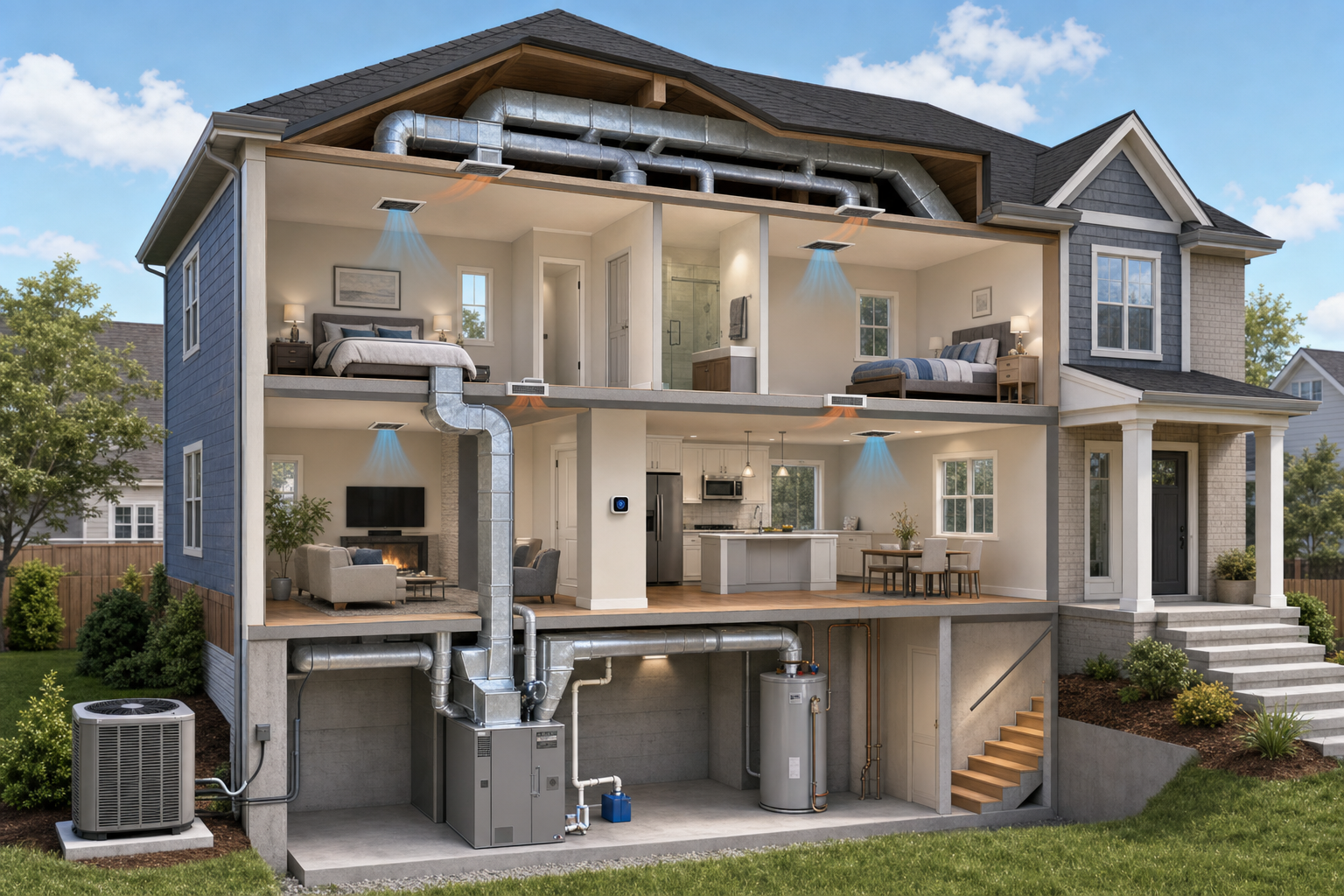 Cutaway home showing the outdoor AC, furnace, thermostat, ducts, vents and drain line
