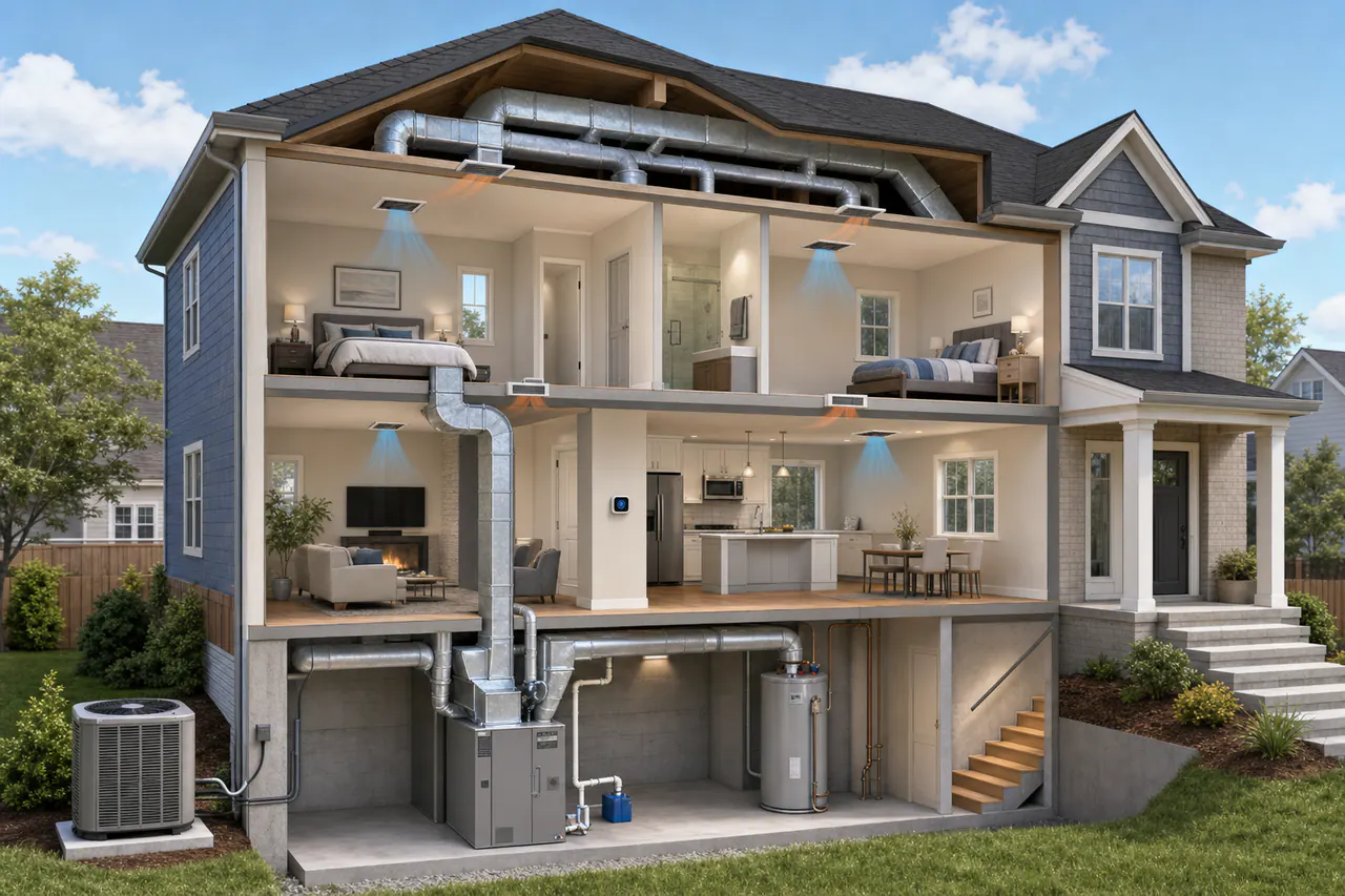 Cutaway home showing the outdoor AC, furnace, thermostat, ducts, vents and drain line